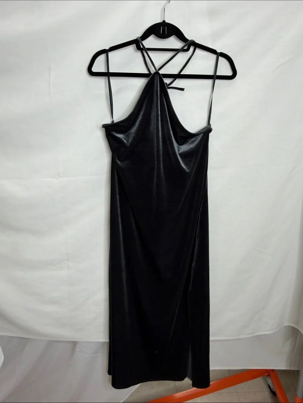 Banana Republic Black Satin-Look Halter Midi Dress with Cross-Strap Back